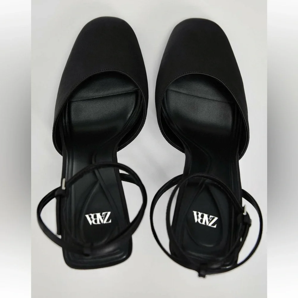 Zara NWT black satin fabric round toe ankle strap side buckle closed toe heels - Picture 3 of 8
